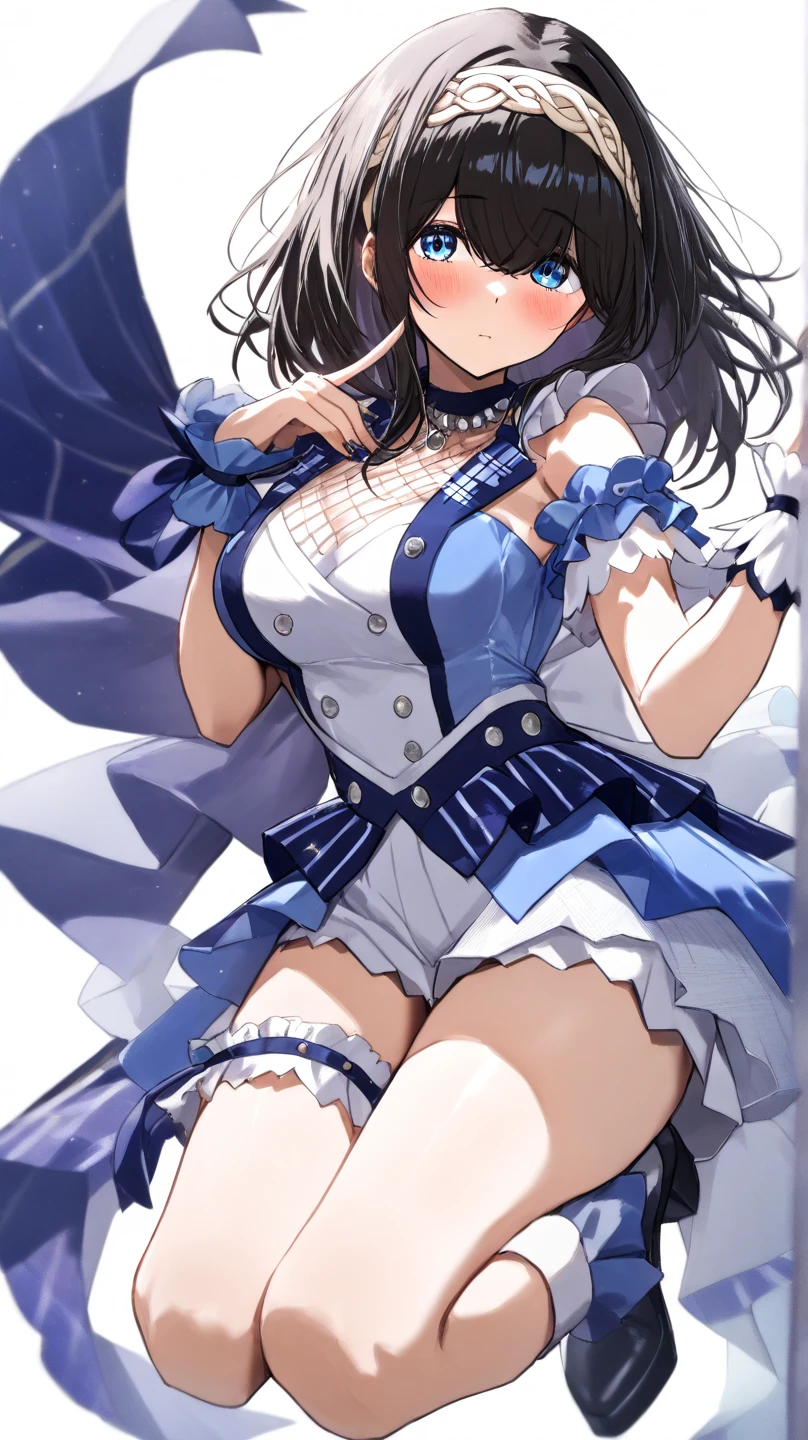 (1 girl),((high quality)), ((High resolution)), ((Very detailed)), (8k),(CG)、(Cute Bra)、(Cute Panties)、(Knee-high stockings)、Long Hand Gloves、Neutral white lighting,Sexy pose、Messy Hair、Hands behind the head、