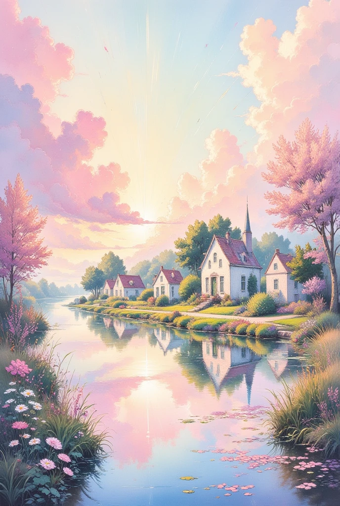 
canvas, oil, old Dutch houses lake silver-green, pale pink, sky-shining, pastel pointillism