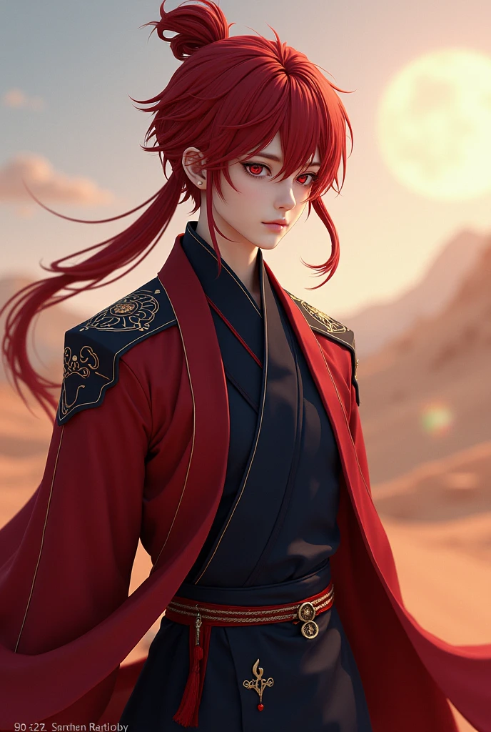 His humanoid appearance has cool eyes and white, smooth skin, Dark red hair, with red eyes, and, creates a cool yet mysterious atmosphere. The eyes are as far and quiet as the evening sky in the desert, The inside contains blazing heat and the weather of the sky.

The costume is an oriental-style combat suit. A lightweight coated coat that combines dark red and dark navy blue colors, has a sleek yet refined silhouette. The hem of the garment is softly embroidered with the shape of clouds and flames., His eyes are as far and quiet as the evening sky in the desert. A thin metal belt at the waist, He has a decoration with a flame pattern engraved on his shoulder.