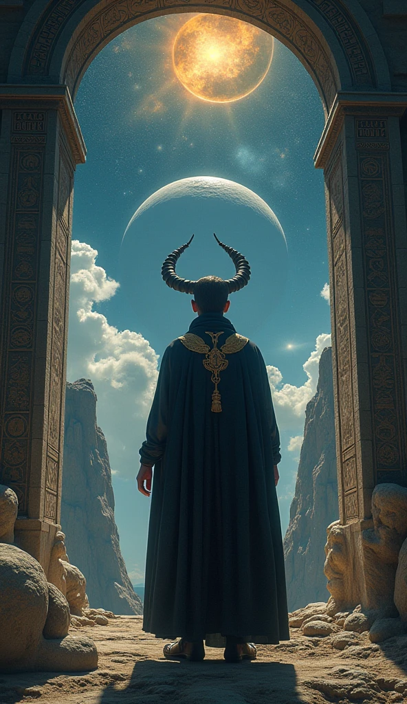 Hyper-realistic and mystical image of a determined human character, surrounded by a cosmic and heavenly atmosphere. The figure is in front of an arch or stargate, where ancient Capricorn symbols and astrological engravings. In the deep sky , you can see the constellation Capricorn shining, with the planet Saturn dominating the horizon. around the figure, ethereal or holographic sculptures represent the mythological goat climbing a cosmic mountain. A roupa da pessoa tem detalhes dourados e símbolos discretos do signo ♑ bordados no tecido. The image conveys strength, sabedoria, ancestry and the energy of someone who is in communion with the laws of the universe and time. Colors in shades of dark blue,  gold and black , with subtle brightness and sacred atmosphere.