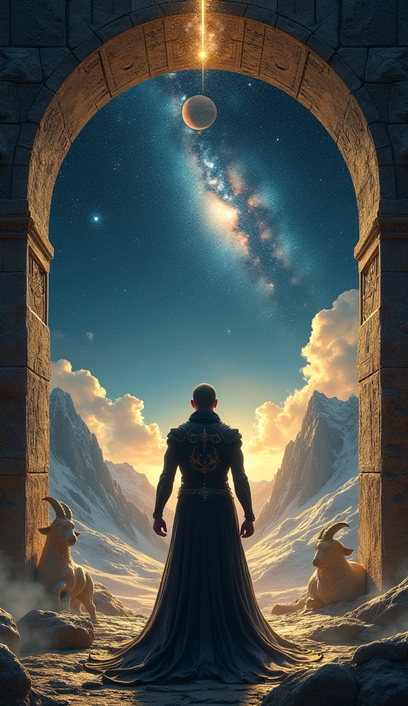 Hyper-realistic and mystical image of a determined human character, surrounded by a cosmic and heavenly atmosphere. The figure is in front of an arch or stargate, where ancient Capricorn symbols and astrological engravings. In the deep sky , you can see the constellation Capricorn shining, with the planet Saturn dominating the horizon. around the figure, ethereal or holographic sculptures represent the mythological goat climbing a cosmic mountain. A roupa da pessoa tem detalhes dourados e símbolos discretos do signo ♑ bordados no tecido. The image conveys strength, sabedoria, ancestry and the energy of someone who is in communion with the laws of the universe and time. Colors in shades of dark blue,  gold and black , with subtle brightness and sacred atmosphere.