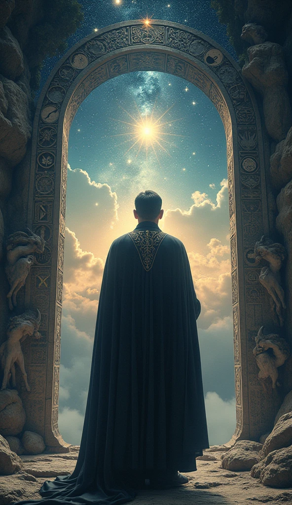 Hyper-realistic and mystical image of a determined human character, surrounded by a cosmic and heavenly atmosphere. The figure is in front of an arch or stargate, where ancient Capricorn symbols and astrological engravings. In the deep sky , you can see the constellation Capricorn shining, with the planet Saturn dominating the horizon. around the figure, ethereal or holographic sculptures represent the mythological goat climbing a cosmic mountain. A roupa da pessoa tem detalhes dourados e símbolos discretos do signo ♑ bordados no tecido. The image conveys strength, sabedoria, ancestry and the energy of someone who is in communion with the laws of the universe and time. Colors in shades of dark blue,  gold and black , with subtle brightness and sacred atmosphere.