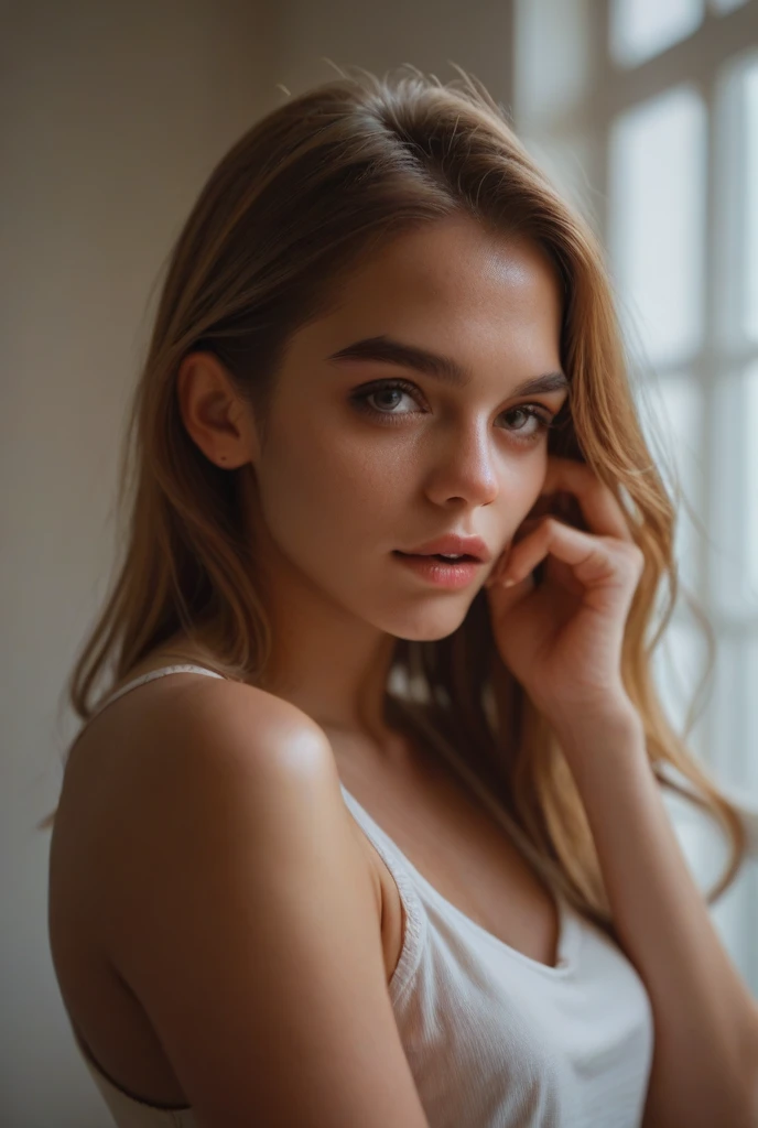 masterpiece, ultra high quality CG, best quality, perfect picture, solo, Color photograph, close-up, ((a realistic photo of a beautiful girl)), (milalc), light, ((glowy skin)), looking_at_viewer, (fit body:1.0), long hair, detailed illustration, masterpiece, high quality, realistic, very detailed face, blond hair, blue eyes, black t-shirt
