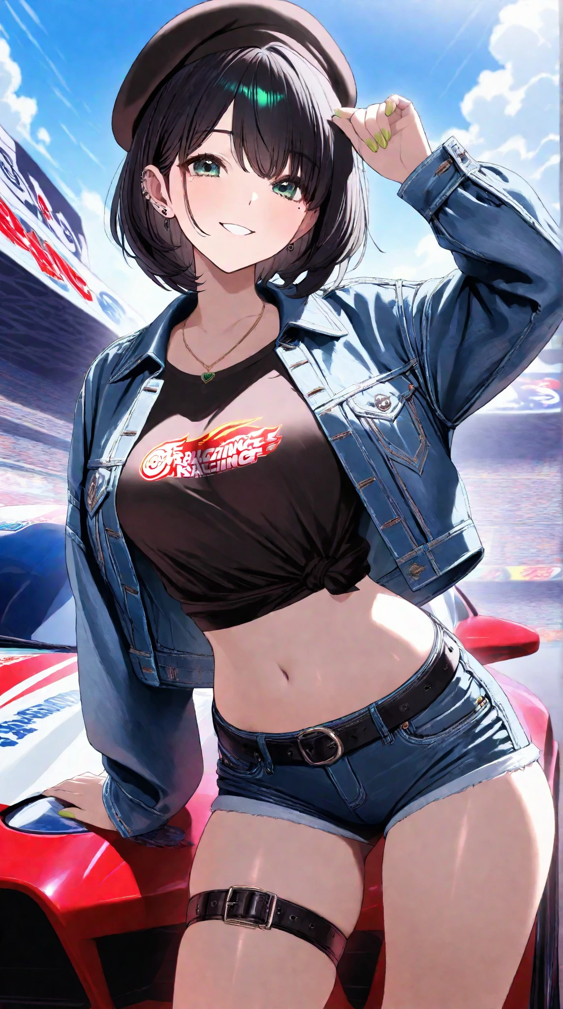 ((masterpiece, best quality)),((highres:1.2)), 1 Girl, solo, Blurred Background, (((Small breasts))), Thighs, (Stripe underwear), Union Jack T-Shirts, nipple, short hair, 