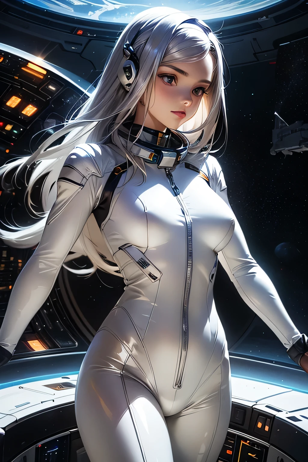 tmasterpiece，1 monk warrior girl with white tech suit clothes，White long hair，laces，abstract vintage scifi background，art by Moebius，Ashley Wood's art，dynamicposes，Wandering Earth，Space Starry Sky