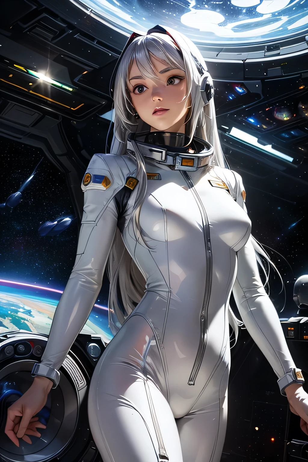 perfect anatomy　top quality,highest resolution,((( shiny white bodysuit　Space Suit　Shiny Silver Hair　long hair)))　unlimited routes　Space Opera　spaceship　cockpit　cool