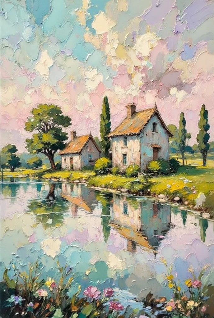 
canvas, oil, old Dutch houses lake silver-green, pale pink, sky-shining, pastel pointillism