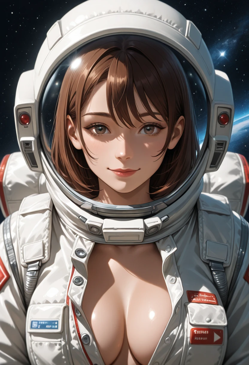 brunette female astronaut, in an unbuttoned , detailed eyes, she smiles, in outer space , spacesuit unbuttoned huge partially   ,в стрингах ноги задрала  in outer space 
