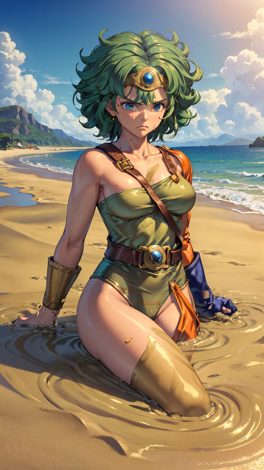 One person, alone, masterpiece, Highest quality, High resolution, Very detailed, (figure), Muscular、Female Warrior, (Female Warrior), Cleavage, (upset), (Quicksand:1.3), Partially submerged, A cloak spread across the sand