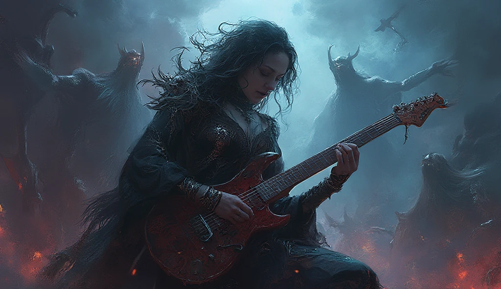 mystical woman, playing a heavy metal electric guitar, is surrounded by an atmosphere of gothic music and fantasy demons, creating a unique sound, that takes listeners to new heights.