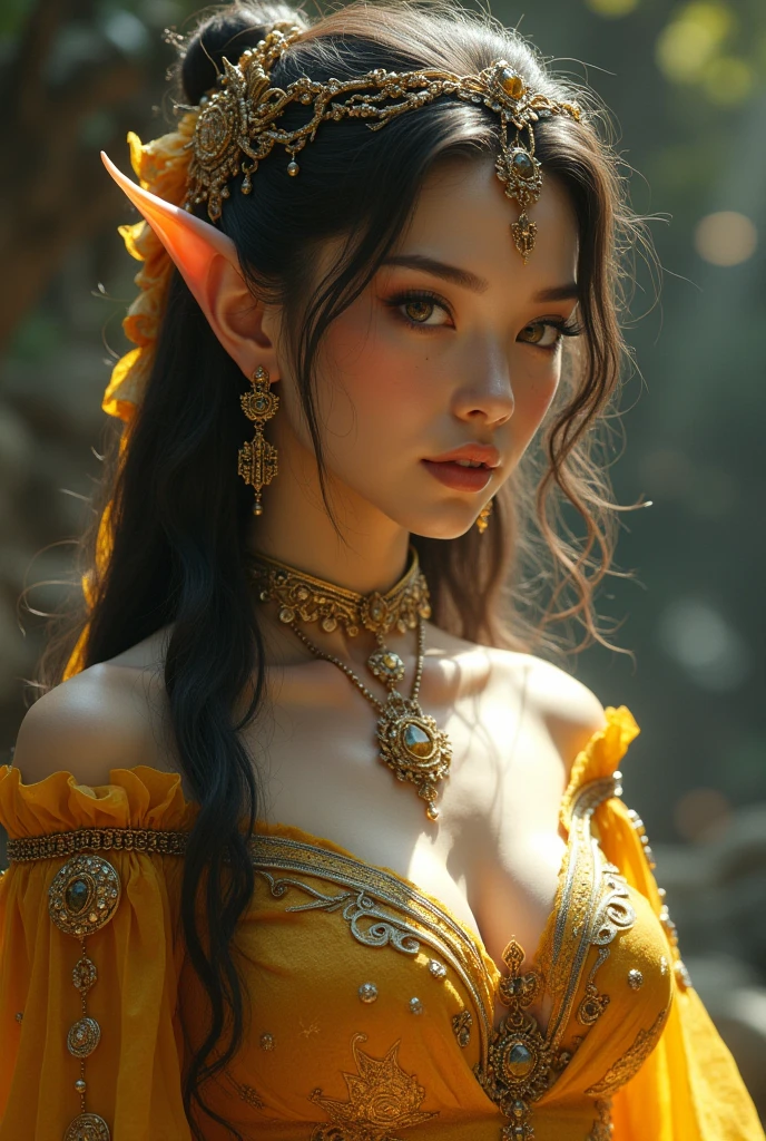 beautiful detailed woman, very seductive elf, intricate detailed fantasy portrait, exquisite facial features, alluring expression, flowing hair, delicate skin, elegant dress, fantasy elf, captivating gaze, ethereal atmosphere, high quality, 8k, photorealistic, vibrant colors, dramatic lighting, digital art