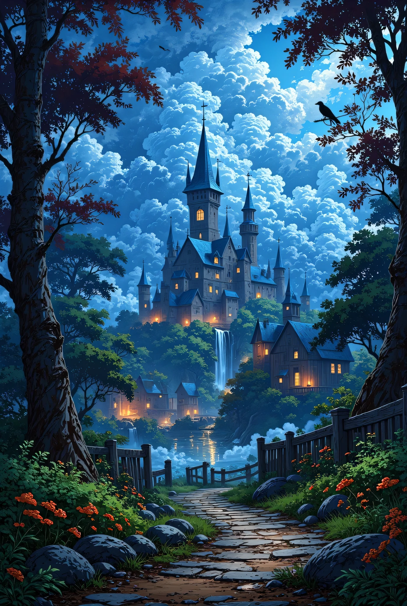 A dark fantasy landscape in broad daylight, with ominous clouds that filter sunlight, casting a cold, bluish glow on the earth. In the background, a mysterious medieval town rests on a Hill, surrounded by a crooked wooden palisade, with Gothic towers and pointed roofs. Thin plumes of smoke emerge from the chimneys and soft lights shine inside the windows.

In the foreground there is a twisted and desolate forest: trees with blackened bark, glowing mushrooms and fog creeping across the ground. Ravens perch on dead branches, and ancient stone ruins stand out among the vines.

The terrain is uneven and rugged, with broken cobblestone paths leading to the distant town. Despite noon, the scene feels bleak and cursed, as if something ancient and evil were watching from the shadows.