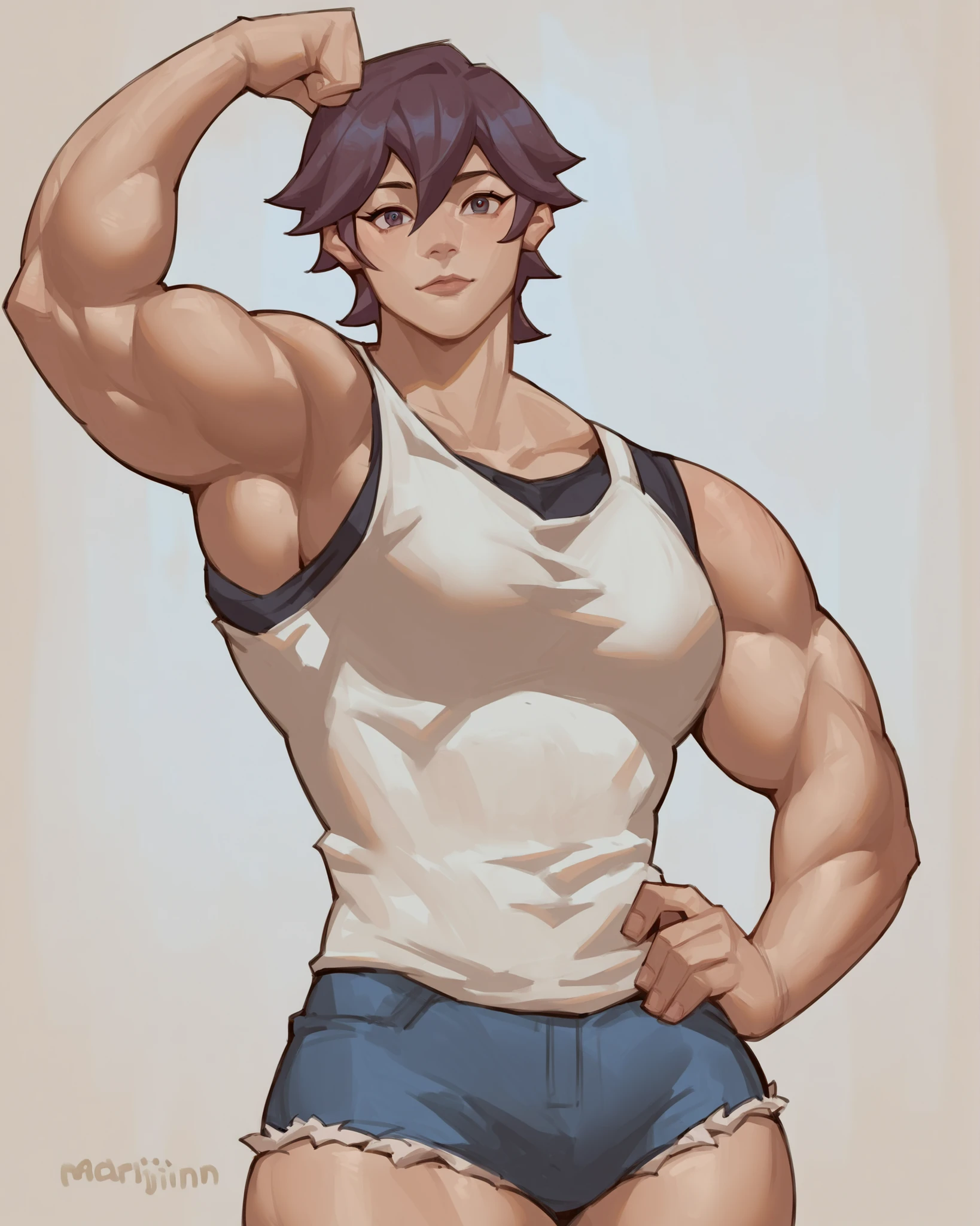 score_9, score_8_up, score_7_up, score_6_up, rating_questionable, , source_anime,
, hires, best quality, masterpiece, 1girl, detail, intricate, portrait,facing viewer, flexing, muscular female, short shorts, tank top, looking at viewer, 
 m4rjinn