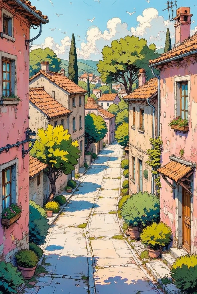 batik, white outlines , spring color palette
walk through the old town streets crooked houses and trees, top view