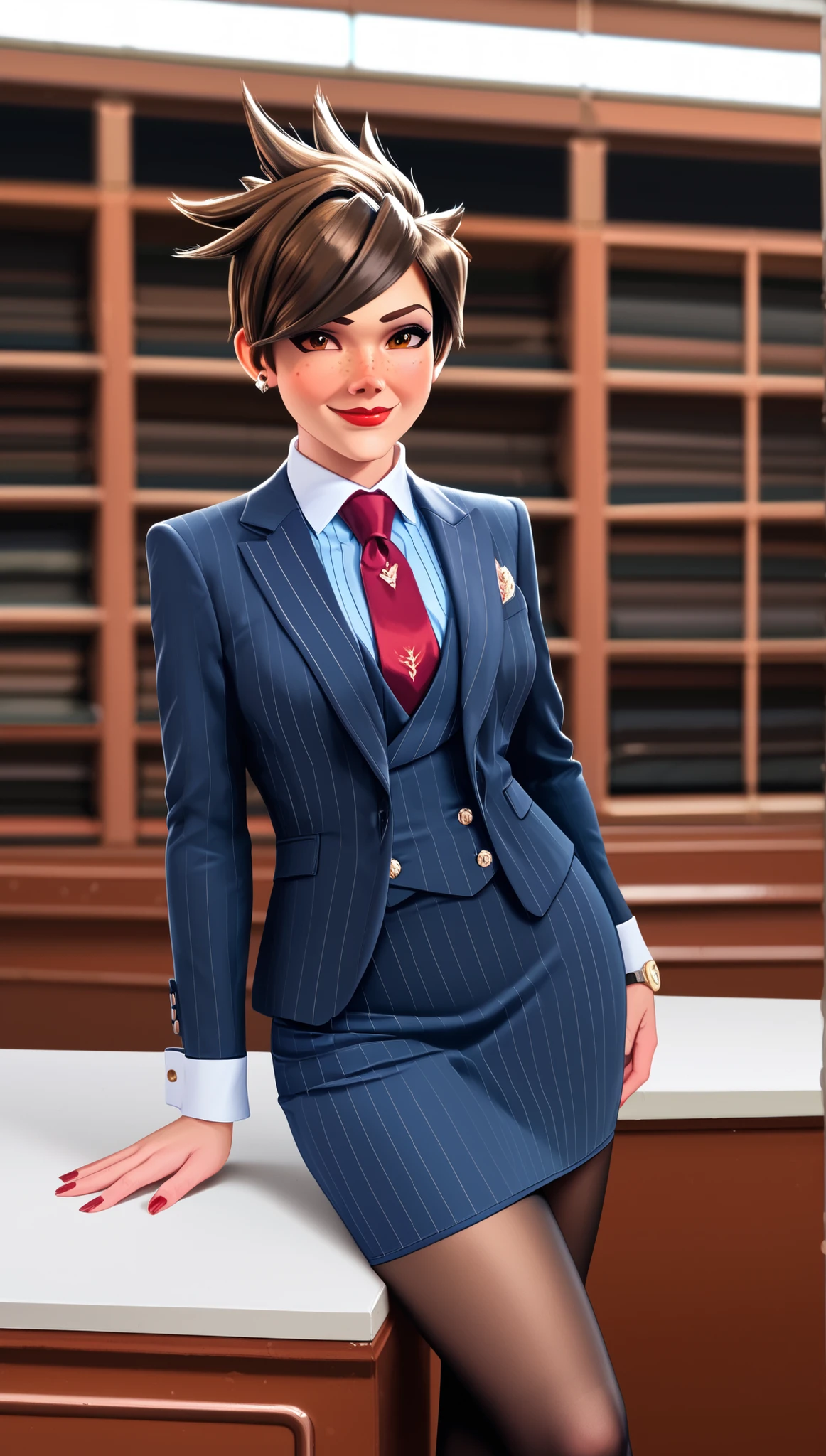 score_9, score_8_up, score_7_up, score_6_up, source_anime, three-piece suit, tracer, 1girl, solo, brown hair, short hair, freckles, smile, pretty, formal, jewelry, navy pinstripe suit, red silk necktie, earrings, jacket, shirt, standing, hand on hip, window, black eyes, watch, navy pinstripe jacket, wristwatch, (((light blue shirt with white collar))), (((red lipstick))), navy pinstripe skirt, makeup, black pantyhose, cufflinks, bodycon pencil skirt, mini skirt, black lapel trim, brown eyes, red nails,High Resolution, Blush, white cuffs, hand on desk, shiny clothing, glossy clothing, bedroom eyes, lidded eyes