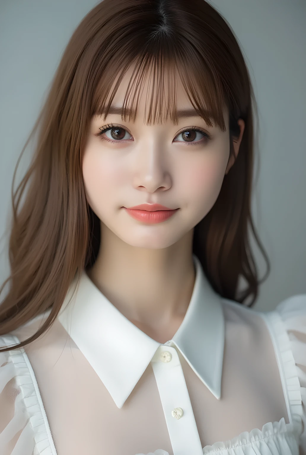 ultra-realistic, photorealistic, best quality, 8K, top-quality, masterpiece, ultra-detail, super high resolution, Improvement of quality, Enhances the beauty of skin texture, Clean and glowing skin, Smoother lighting, Improving the quality of cinema lighting, Backlight, A gentle light for face, 32K, 1girl, solo, Meru Nukumi, small head, perfect female body, Skinny, Slim Waist, large breasts, detailed skin, smooth skin, (fair skin, white skin:0.5), Beautiful Lips, Beautiful Face, (White Collared blouse), High resolution, Natural look, Improves hair quality, Delicate light and shadow, Beautiful Eyes, Sharp details, Soft light reflection, Delicate skin tone, Fine hair texture, beautiful hair, pink cheek, Light Smile, Beautiful and perfect face, perfect anatomy, Kind eyes, (beautiful black eyes, beautiful detailed eyes, detailed eyes:1.2), gray background, meru_nukumi, nukumi_meru_flux_, Upper Body:1.3, Portrait, from front, beautiful detailed face, face focus,