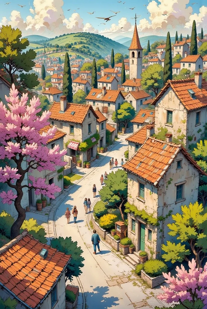 batik, white outlines , spring color palette
walk through the old town streets crooked houses and trees, top view