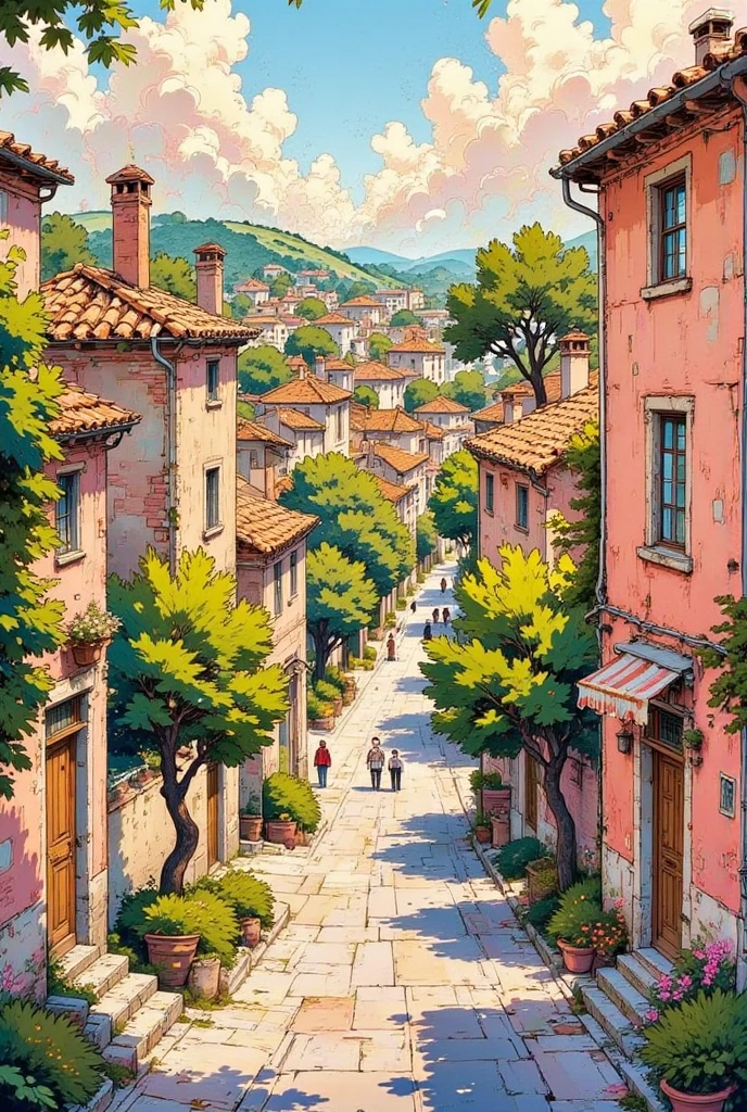 batik, white outlines , spring color palette
walk through the old town streets crooked houses and trees, top view