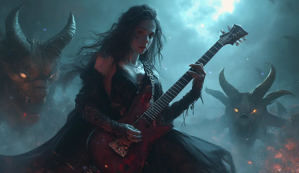 mystical woman, playing a heavy metal electric guitar, is surrounded by an atmosphere of gothic music and fantasy demons, creating a unique sound, that takes listeners to new heights.
