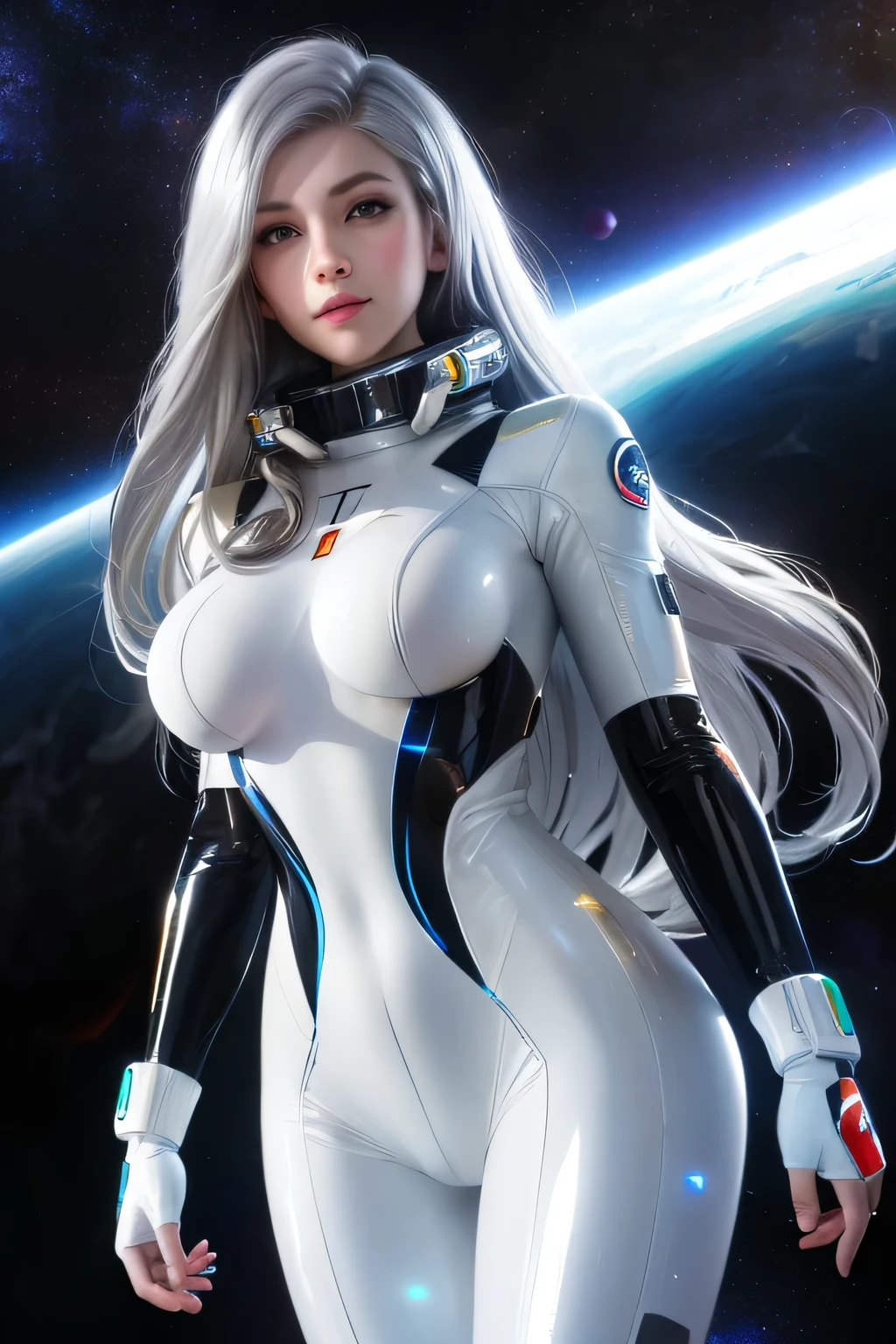 a skinny girl, latin face, smile you can see the teeth, futuristic city, space age, white skin, wavy hair, full body, very detailed body, very detailed face, shiny skin, detailed_eyebrows, beautiful_eyes, realistic skin, ultra-realistic, sharp and highly detailed focus, 8k