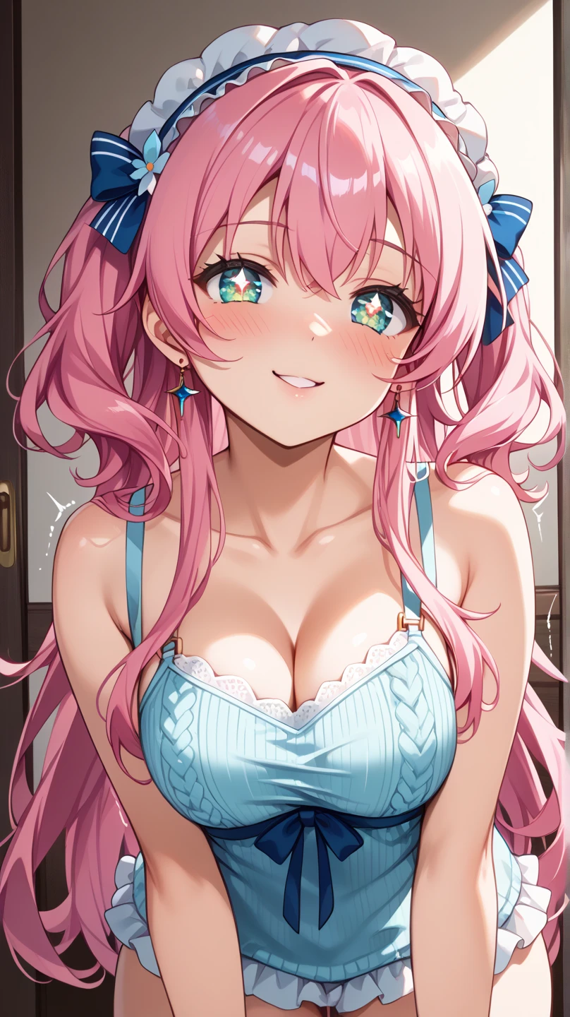 masterpiece、highest quality、Very detailed、Photograph the upper body、1 female、(Put your arms behind your back:1.2)、Are standing、Turn your body forward、View your viewers、(Race Queen:1.3、Blue leotard)、blush、shy、(trembling:1.2)、Pink Hair、Open your mouth、circuit、F1、