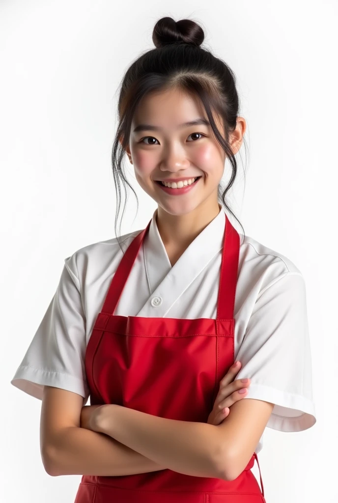 (( RAW Photo), masterpiece, better quality, photorealism, Realistic lighting, ((21 years old)), white background, isolated background, girl, neat hairstyle, Japanese restaurant employee clothes, smiles, talks enthusiastically about a Japanese food restaurant