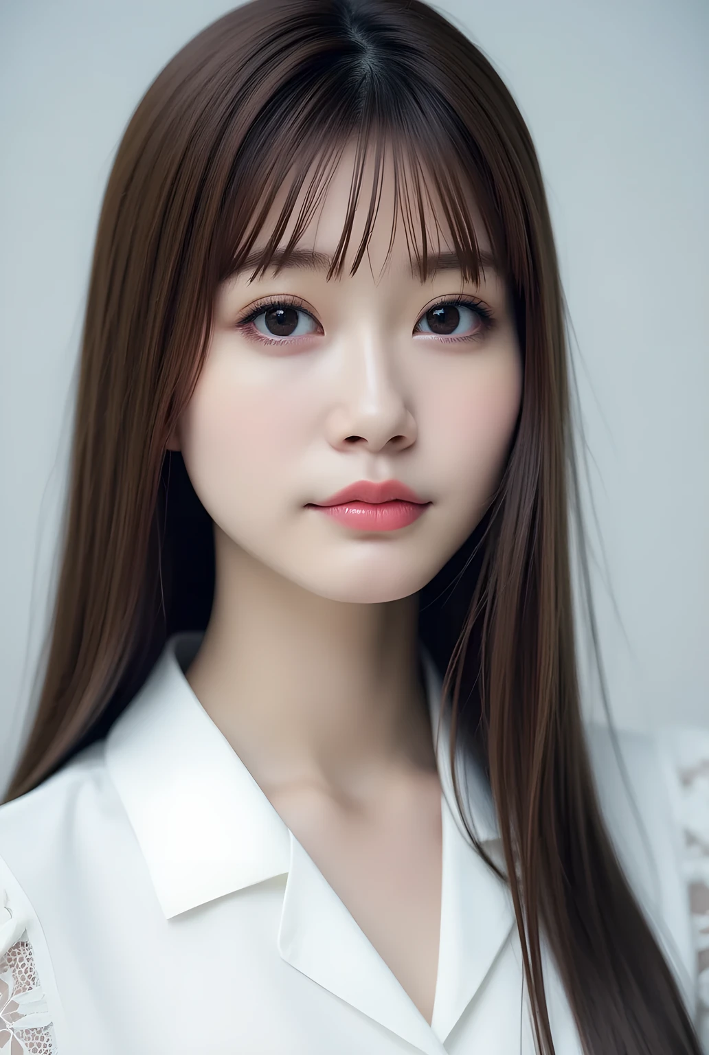 ultra-realistic, photorealistic, best quality, 8K, top-quality, masterpiece, ultra-detail, super high resolution, Improvement of quality, Enhances the beauty of skin texture, Clean and glowing skin, Smoother lighting, Improving the quality of cinema lighting, Backlight, A gentle light for face, 32K, 1girl, solo, Meru Nukumi, small head, perfect female body, Skinny, Slim Waist, large breasts, detailed skin, smooth skin, (fair skin, white skin:0.5), Beautiful Lips, Beautiful Face, (White Collared blouse), High resolution, Natural look, Improves hair quality, Delicate light and shadow, Beautiful Eyes, Sharp details, Soft light reflection, Delicate skin tone, Fine hair texture, beautiful hair, pink cheek, Light Smile, Beautiful and perfect face, perfect anatomy, Kind eyes, (beautiful black eyes, beautiful detailed eyes, detailed eyes:1.2), gray background, meru_nukumi, nukumi_meru_flux_, Upper Body:1.3, Portrait, from front, beautiful detailed face, face focus,