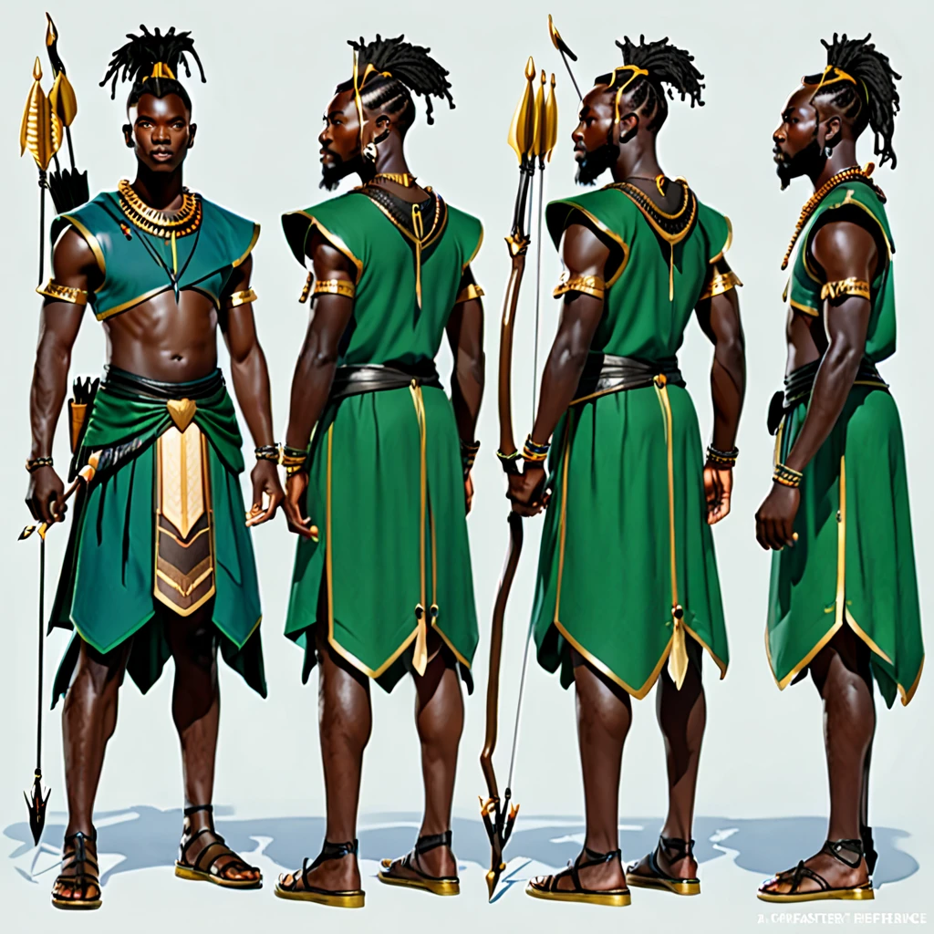 Crie uma imagem masculino idade entre 20, 25, ,de um ninja negro de ,corpo inteiro uma personagem marrons, Diferente, non-miraculous style , ficha de personagem, fundo branco --ar 3:2,, Estilo Art Vista de Corpo Inteiro, plano completo, vista frontal, Vista lateral, vista traseira, de personagem, Multiple views and poses, various points of view, um personagem, corpo inteiro, personagem com menos, estilo de roupa, no mesmo Estilo de cabelo, less Type of footwear, strong full-body vision, plano completo, vista frontal, vista traseira, design de personagem, Multiple views and poses, various points of view, de um personagem, corpo inteiro,, personagem com mesmo, poses de personagem , Depois de um apocalipse no futuro, afro cabelo caindo para frente, Rasta type but braided, corpo inteiro, Afro Hair with Braids and Rasta: Your hair is afro, with one part braided and the other in rasta style. The haircut is lateral, dando a ele um visual distinto e moderno.
Cor da Pele: Moreno, reflecting Cape Verde's ethnic diversity.
Cosmic Blue Eyes: His eyes have a cosmic blue tinge, Adding a heavenly touch to your appearance. Uma estrela dourada brilha na testa, representing your connection to the stars.
medium and muscular body: He possesses an athletic and muscular body, result of his determination and training.
wearing sandals: Cape Verde star prefers features, that match Cape Verde's tropical climate and show its connection to nature.
Roupa:
Its costume is a vivid representation of the Cape Verdean flag and incorporates discreet tribal elements into its design. The colors of the route are:
Azul Profundo: Representa o oceano que circunda as ilhas.
Branco: Simboliza paz e unidade.
Vermelho: Denotes determination and spirit.
Dourado: Presente nas estrelas da bandeira e na estrela em sua testa, simboliza a riqueza cultural e espiritual de Cabo Verde.
Personalidade:
Cape Verde star is a brave and dedicated young man