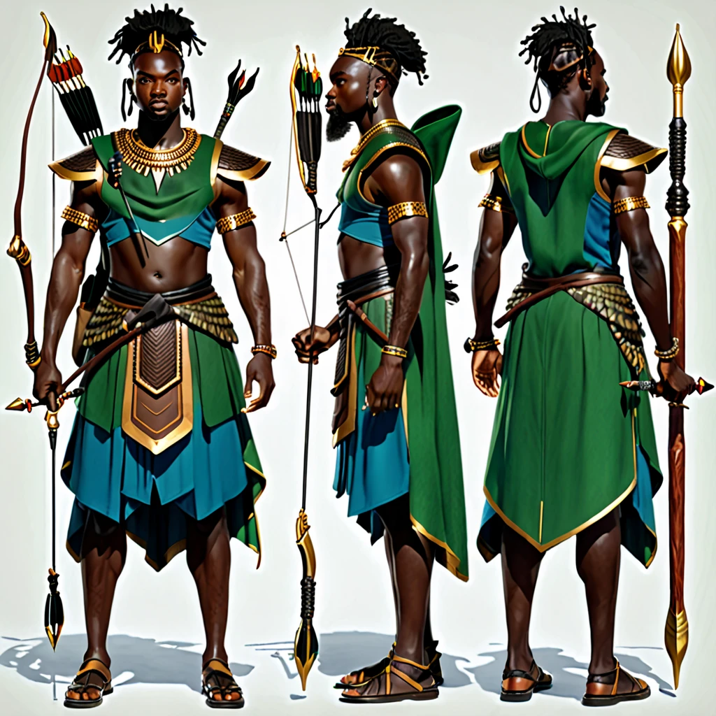 character reference sheet {Realistic character design sheet of atwo black men in African warrior clothes holding sword and bow and arrow, blue clothes, green clothes, African gods of hunting, multiple views including front, side, back and 3/4, afrofuturism, ultra quality, higly detailed, african god of hunt