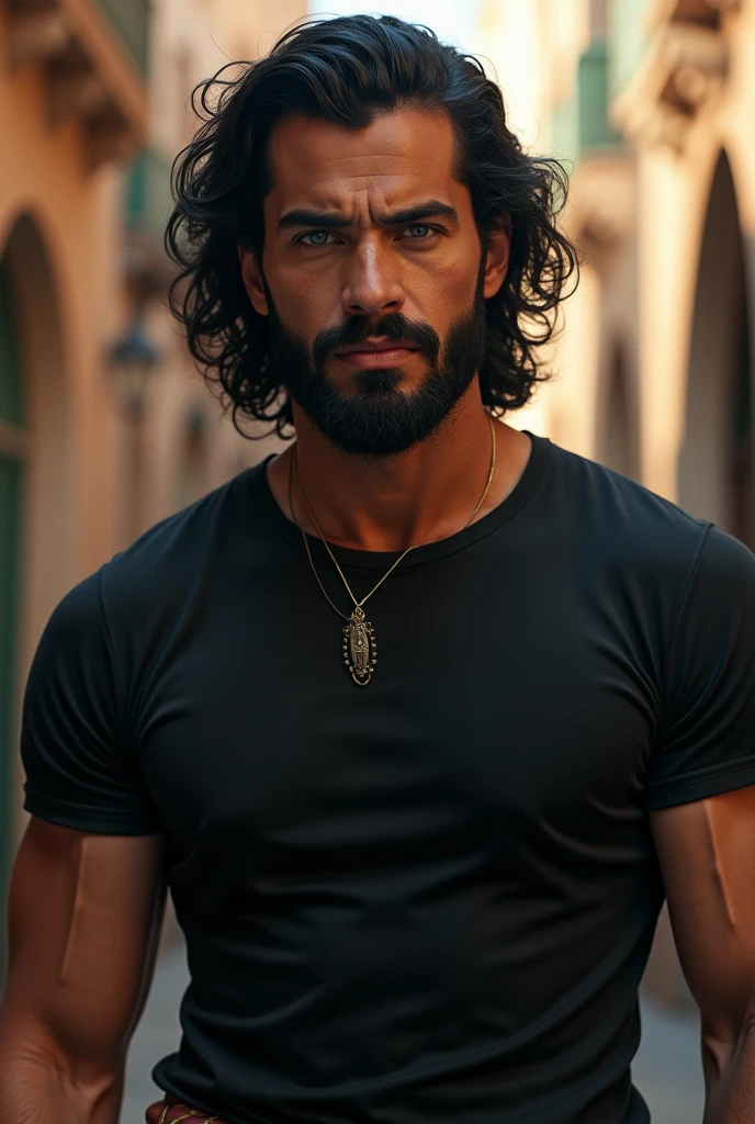 (Nice Disney prince dark black hair, ojos azules, reflejos llamativos y cara de cimento, piel blanca oliva, piel bronceada. Greek Demigod Warrior A1.2), traje de guerrero romano negro y azul, hiper detallado, ultra sharp, 8k, (incrivelmente detalhado: 1.5), fotografia de corpo completo iro, 20 megapixel, Canon E OS R3, completamente detallado, Demigod Grego