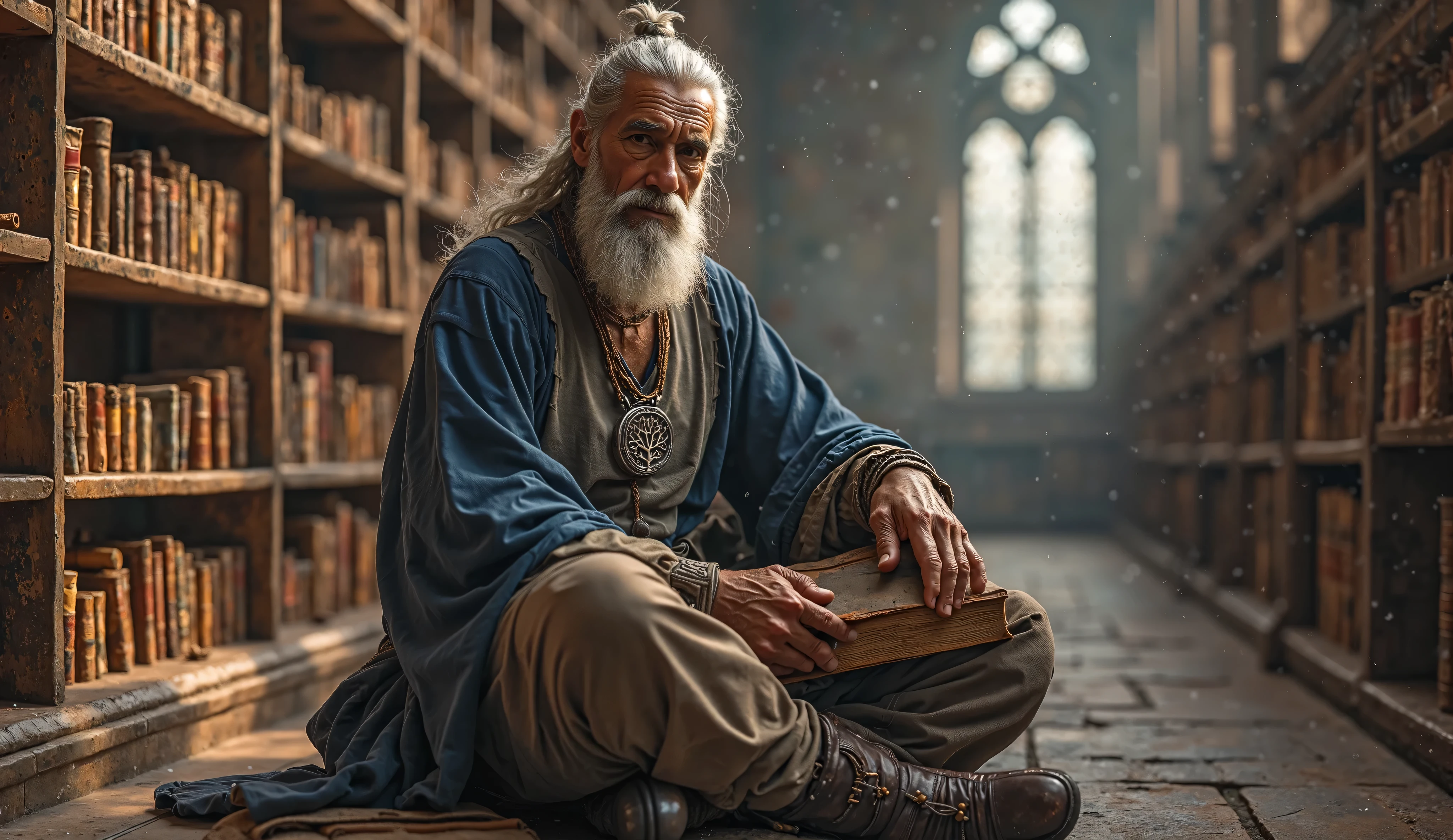 Close-up shot, Orin's fingers, an ageless, lean, athletic man (looks 50s but timeless), a wise, weathered Eastern-European philosopher with long silver hair tied back in a top knot. His piercing eyes and strong facial features convey deep wisdom and life experience. He wears a full-body outfit, consisting of a long tunic in deep blue tones, resembling a monk or philosopher of a lost era. Beneath the tunic, he wears a simple neck shirt in light-brown or soft earth. A dark silver medallion with the emblem of the Tree of Life hangs on his chest, symbolizing deep knowledge and spiritual connection. He also wears loose, structured brown trousers and sturdy, well-worn leather boots. His full-body stance is strong yet relaxed, exuding both wisdom and quiet strength, he's sitting on a bench beside the bookshelves of a grand ancient library, towering bookshelves stretching into the distance, high arched windows, he's gently brushing the textured, aged spine of a leather-bound scroll or book, shallow depth of field, focus on detail and texture, warm, soft light highlighting age and history
Ultra-realistic, 8K detail, cinematic lighting, breathtaking depth, high-quality textures, powerful yet serene expression, photorealistic, hyper-detailed, full-body shot, standing pose, full-body perspective, masterful composition, full-length character design, no cropping, full-body view, whole figure, detailed legs, feet visible, wide-frame shot, full-frame composition.