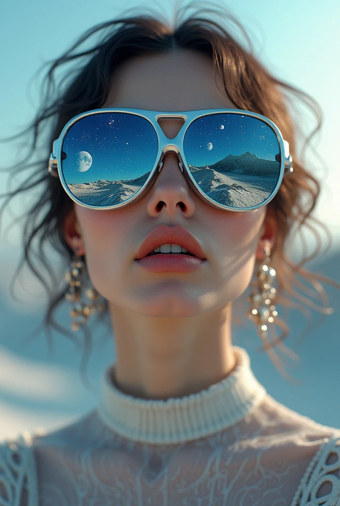 The model is wearing glass sunglasses with stars and the moon on the glass