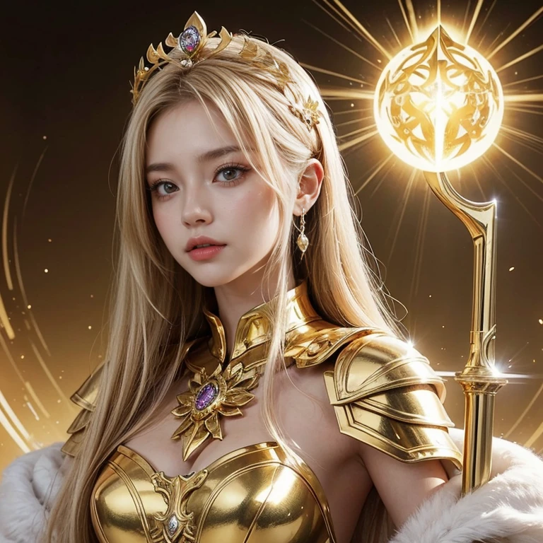 Ultra HD、Ultra-clear、Beautiful Face、Sagittarius Warrior、Covered entirely in golden armor、Holy knight in golden armor、Golden Tiara、Golden armor with ornate carvings covering the entire body、Heavy golden armor、Crystal clear blue eyes、Silver Hair、Big Breasts、Outer space background、