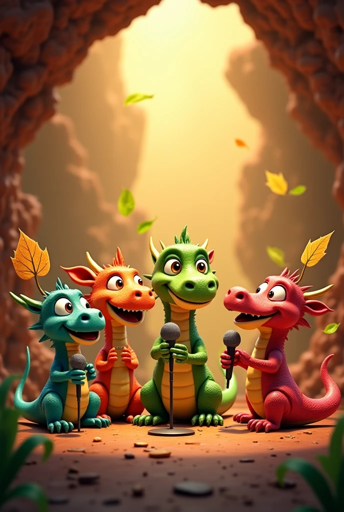 20 dragons playing brass instruments in a church sitting on chairs with a music stand