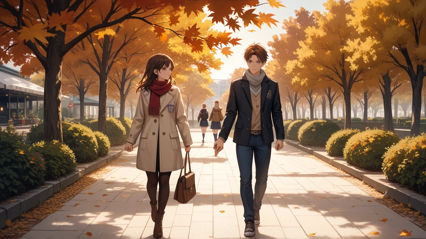 anime-style couple walking through a quiet park in autumn, golden leaves falling, long shadows, warm cozy light, scarves and light jackets, holding hands or looking at each other gently, nostalgic and emotional vibe, soft focus background, cinematic atmosphere, Makoto Shinkai-inspired style