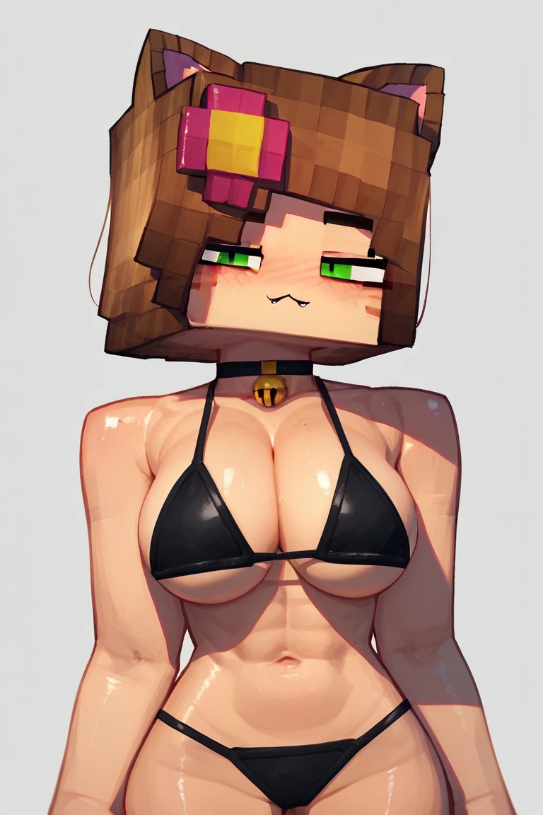 masterpiece, best quality, 1girl, minecraft luna, bikini, blush, breasts, light skin, lewd, grey background, large breasts, looking at viewer, sweat, thighs, pointing at self, mcnsfw,