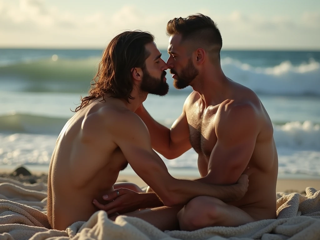 Photo-realistic. A 22-year-old, impossibly attractive, muscular, Caucasian male jock, with short, fade-cut brown hair, stubble, and green eyes, naked, laying on top of, penetrating, and kissing a fit, handsome, 19-year-old Caucasian male jock, with short, crew-cut blond hair, and blue eyes, naked. They lay on a blanket, in the sand, on a beach, at sunset. They have huge, hard cocks, and cum dripping down their faces, cocks, and chests. Sexy, romantic, erotic, NSFW.