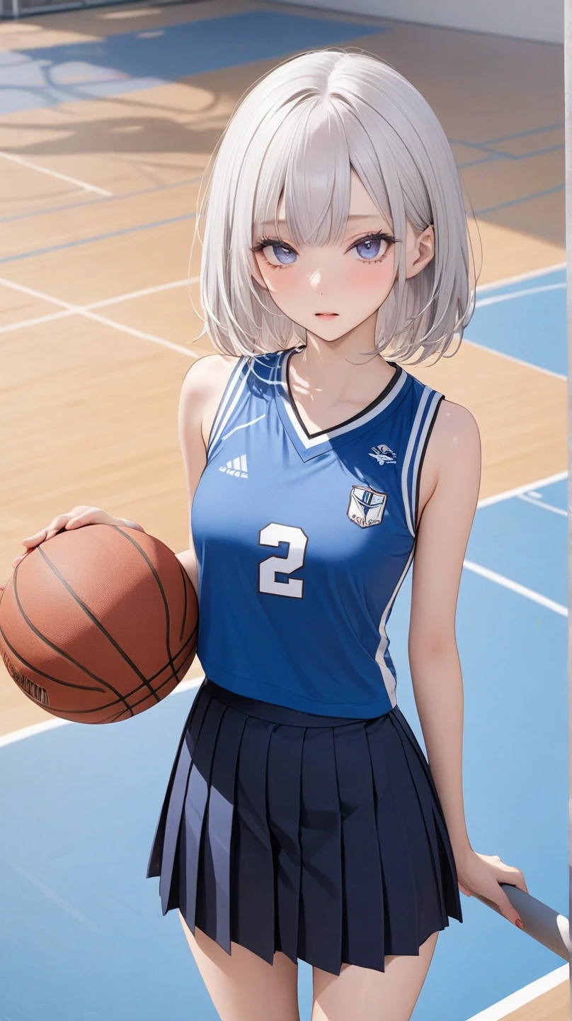 (masterpiece:1.2) , (((Highest quality))), 1girl, white silver hair, bob with bangs, blue pupils, skinny body, wearing basketball uniform with "2", (navy pleated skirt), BREAK, basketball court,