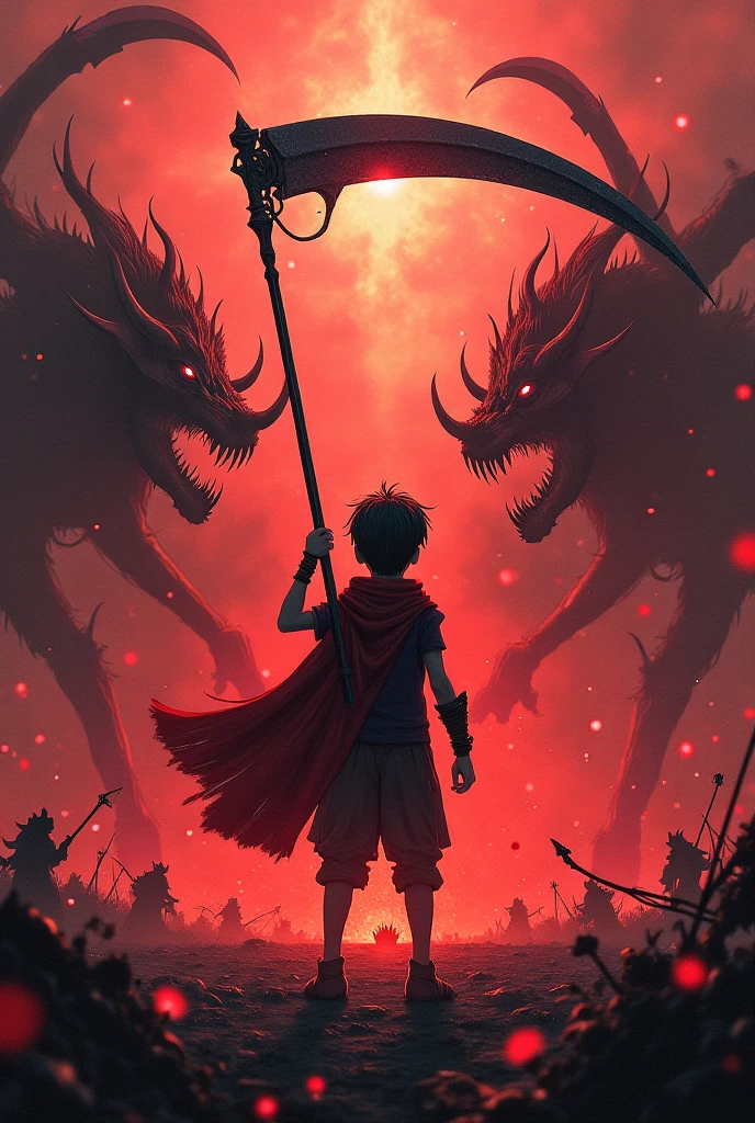 A boy fighting demons with a scyte in hand.