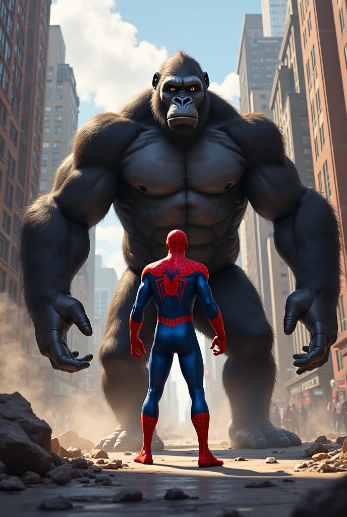 Spider man and a big gor
rila fighting spider man is below him