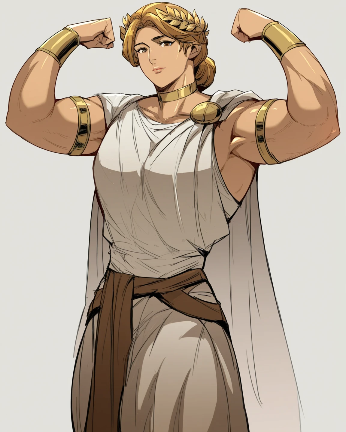 (((young innocent male adult ancient greek warrior with thick well drawn blond curly hair))), , NSFW, ((he is wearing white traditional erotic greek white loin-cloths))), ((wearing mini white chlamys)), ((wearing greek gold armbands and leg armor)), ((((lewd ancient male greek young warrior wearing a male classic erotic mini greek clothes with their excess extra thick pubic hair visible and flaccid cocks)))), ((((hairy armpits hentai)))), (((artstyle inspired by nu:carnival hentai game))), ((male with huge oiled sagging pecs, greek attire),((pixiv top rated)), ((gay greek mythology)), ((rubbing his prostate)),