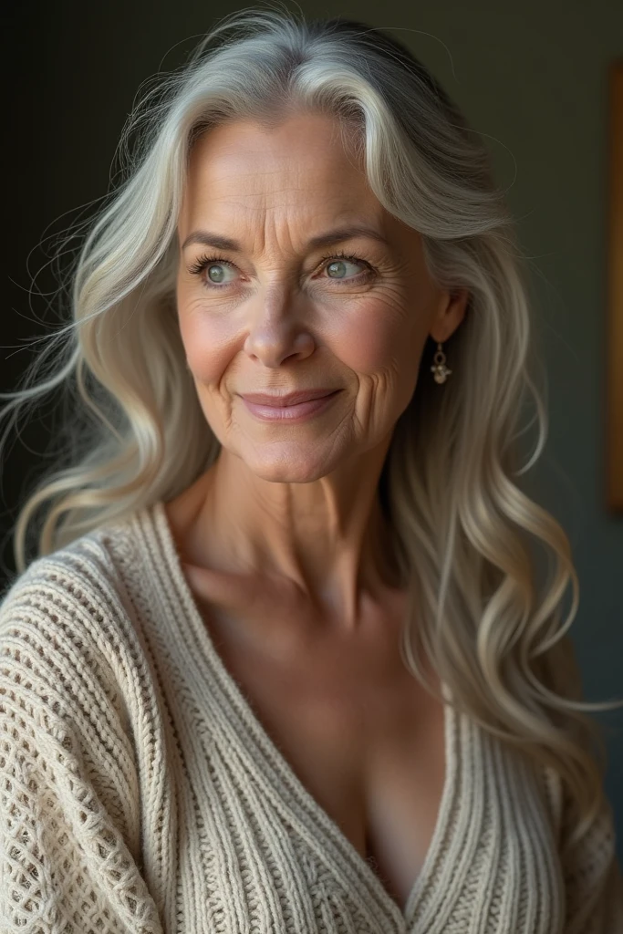 UHD ultra precise 8K digital copy of a blond woman with long gray hair sitting on a blanket in the woods, long grey hair, gorgeous woman, photo of a beautiful woman, white haired lady, flowy white grey hair, gray haired, photo of a woman, portrait shot, flowing silver hair, 40 years old women, old gray hair, late - 4 0 s aged, attractive woman