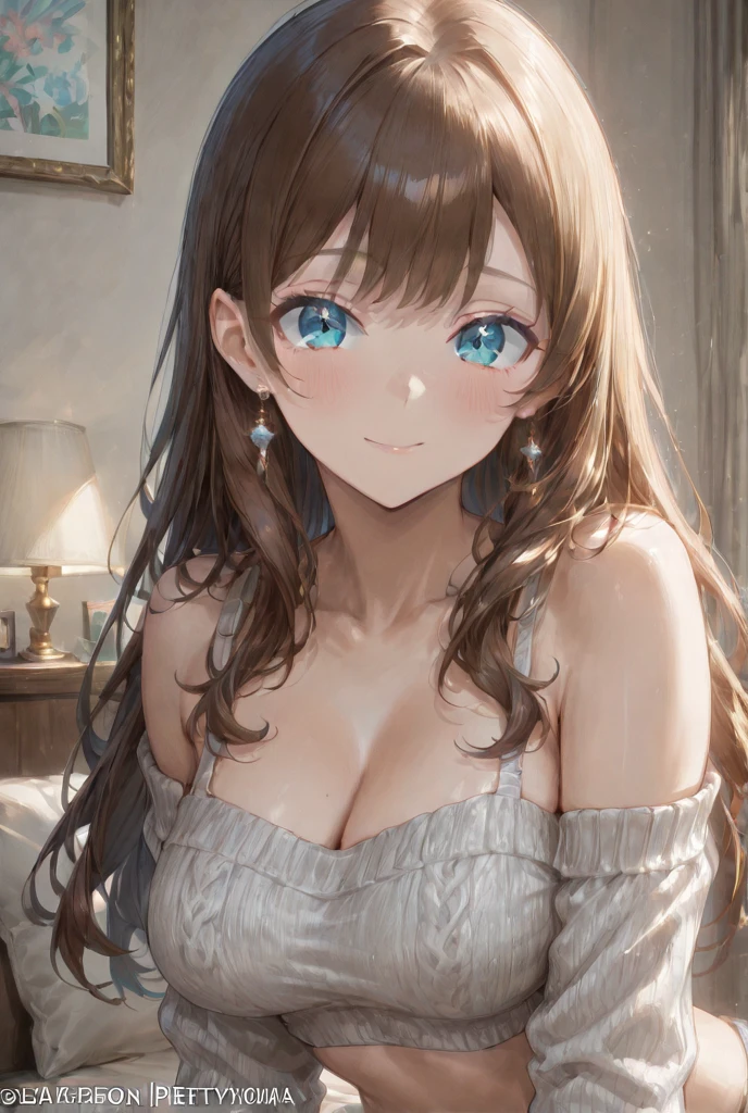 An amazing masterpiece,A high-resolution portrait depicting a beautiful, delicate girl with long hair, Shining brown hair and captivating green eyes, Wearing a comfortable sweater,A radiant smile highlighting her small, perfect breasts.