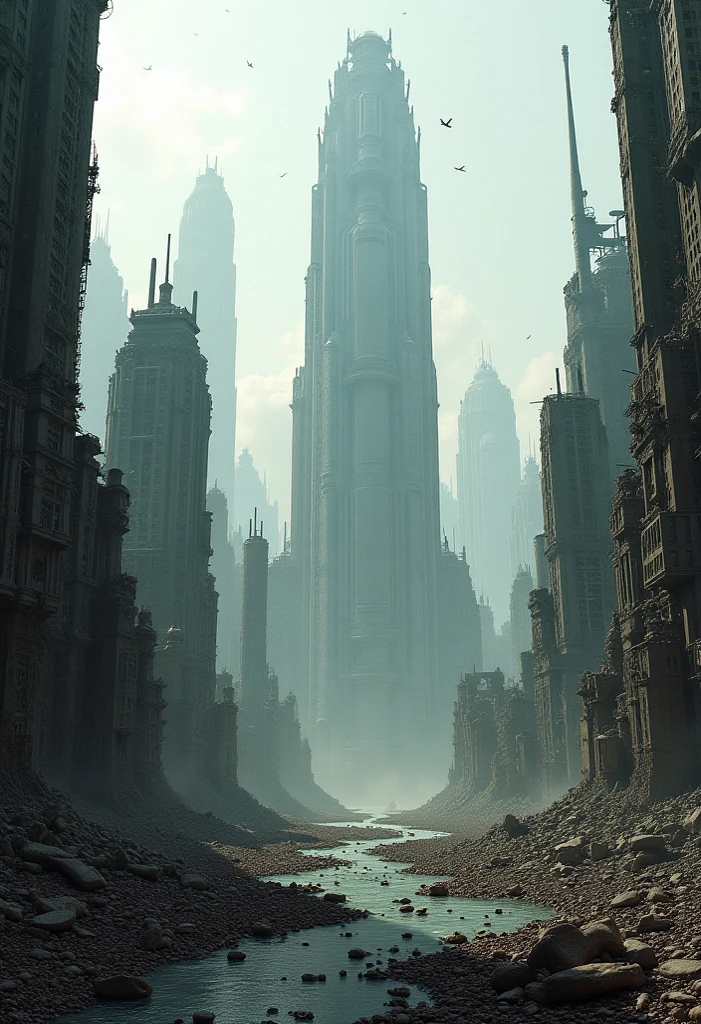 Create dystopian masterpieces，Depict the destroyed futuristic cityscape in a gritty game concept art style. The artwork should evoke a sense of futuristic desolation and despair, post apocalyptic world. Keep an eye on the intricacies of detail, Sharp focus, and a highly detailed description of the ruined city. Take inspiration from the artistic styles of Wayne Barlow and Zdislav Beksiński. Deliver this image in movie view format, Show the bleak beauty of this decaying world.