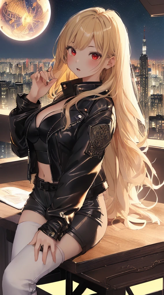 one woman, pale skin, blue eyes, eyebrows, nose, mouth, lips, ears, long blonde hair, choker, open shiny black jacket, shiny black glued bra, shiny black tights, beautiful day, on the street, floor