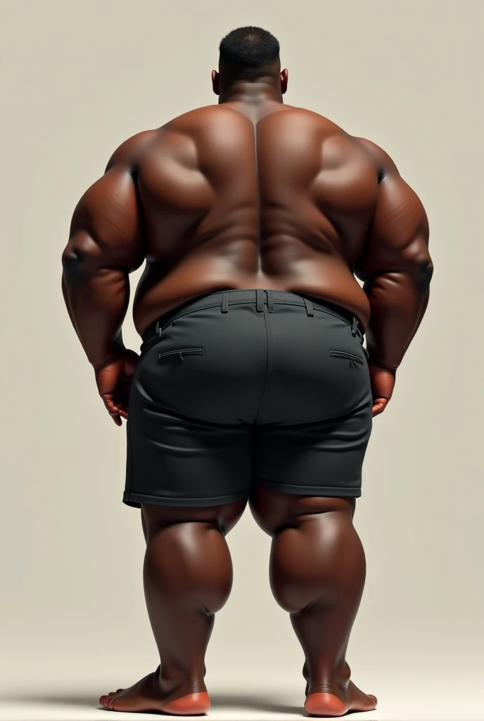an extremely overweight fat and very hairy black old naked man walks backwards in a white room. He is depicted completely from head to toe and seen from the side. He looks very unkempt. It looks very realistic.