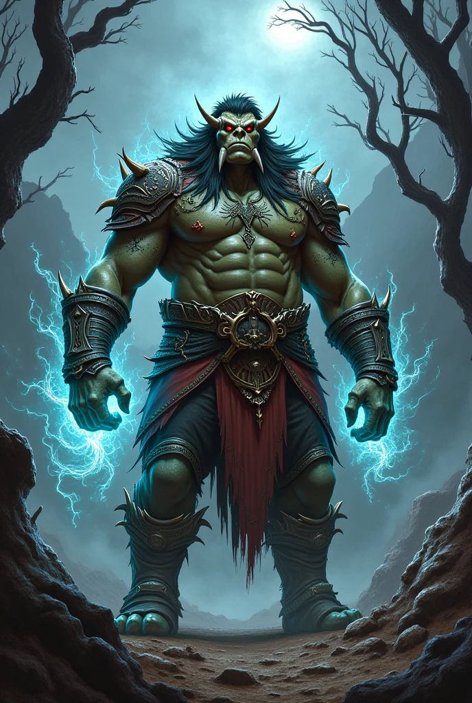 up close:1.3, (Masterpiece artwork:1.5),(best qualityer:1.6), (ultra high resolution:1.4), 1 strong and robust male ogre, dynamic pose, with shoulder pads and leather bones, large, sharp fangs, leather belt with skull , g-string, detailed illustration, intrikate, idyllic, magical elves in the forest:1.5, paisaje, cores Vibrants, dawn, rayos de sol pasando a través de los trees, folhas caindo das trees, dew on leaves and plants, clouds, (( magical, comely, de outro mundo, trees:1.4 )), (( best qualityer, Vibrant, 32k, clear and well-defined shadows)).(best qualityer,4K,8K,high resolution,Masterpiece artwork:1.2),ultra detaild,(realisitic,fotorrealisitic,photo-realisitic:1.37),very highly detailed face,extremely detailed facial features,textura de pele hiper-realisitic,extremely fine details,detalhes intrikates,detailedeyes,detailed nose,Detailed lips,Detailed facial expressions,complex facial anatomy,intense lighting,dramatic lighting,Lighting change,cinematic lighting,chiaroscuro lighting,dramatic shadows,Dramatic moments,bright coloured,intense colors,deep contrast,Cinematic depth of field,film composition,Cinematic Camera Angle, flute being played in the middle of the image
