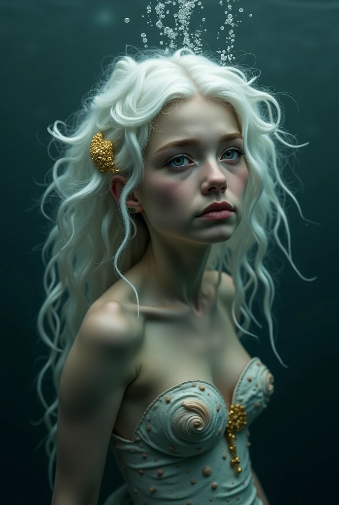 Wavy white-haired mermaid wearing golden shell accessories with sad expression swimming alone in dark waters,  with no twinkle in the eye .  around it, the ocean seems quiet and heavy. Her hair floats on water, and bubbles rise slowly. dramatic style , realista.