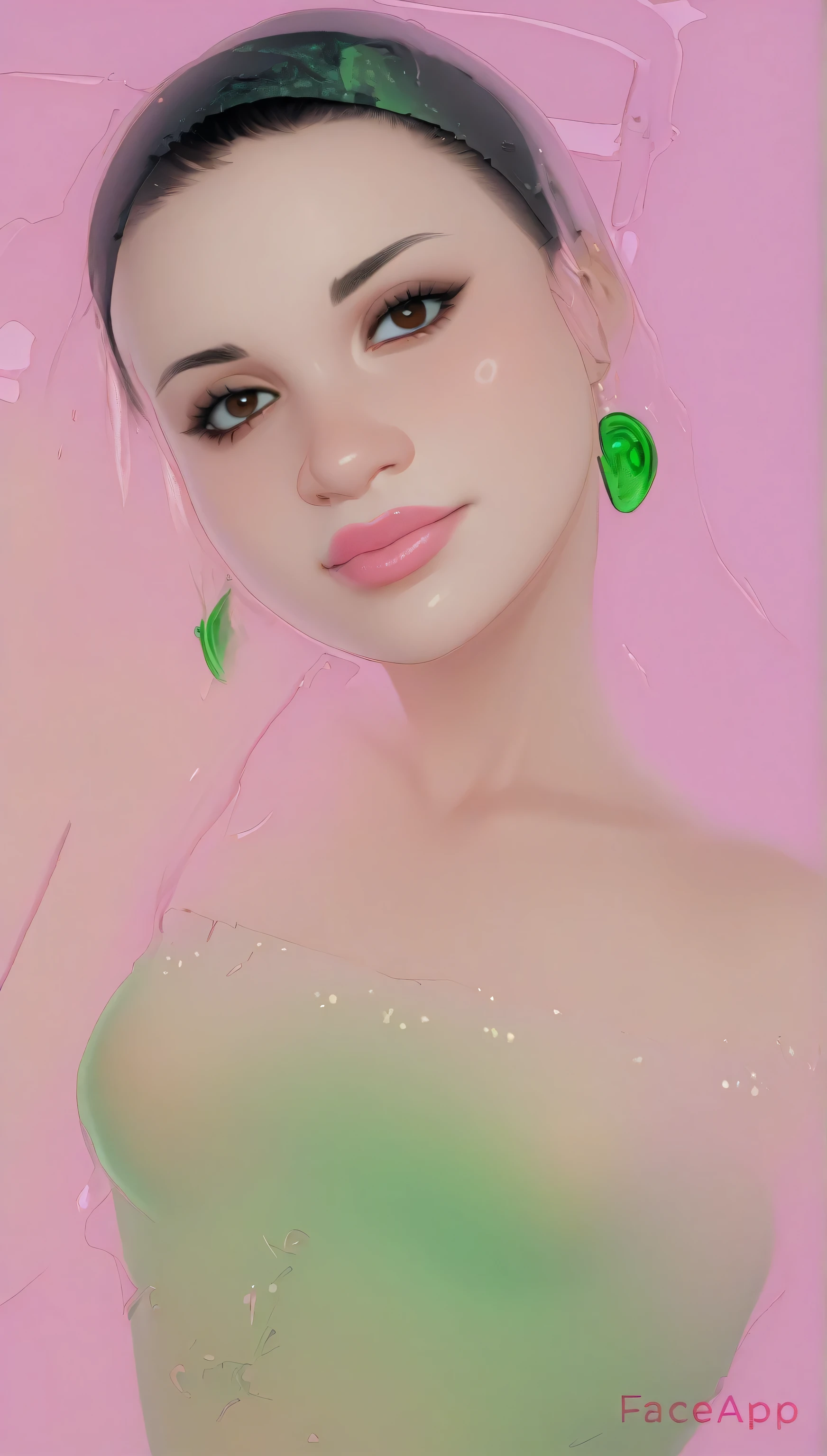 black hair, short hair, (forehead), (green band head), black thin eyebrows, dark brown eyes, black eyelashes, nose, normal lips, pink lips, small breasts, (green tube top), simple background