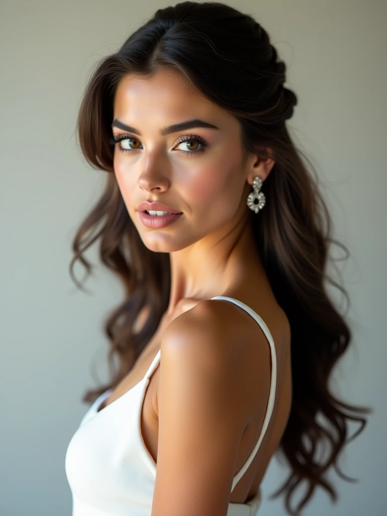 Young woman fully , sexy girl with brown eyes, ultra realistic, meticulously detailed, brown hair, selfie of a young woman, bedroom , natural makeup, sexy lingerie, looking directly at the camera, face with artgram,large size bust; luxury room, Beautiful body.